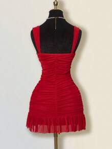 SHEIN ICON 女士优雅纯色网眼褶皱紧身迷你连衣裙