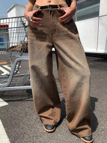 DAZY 女式高腰阔腿水洗牛仔裤 - 棕色 - 查看 5