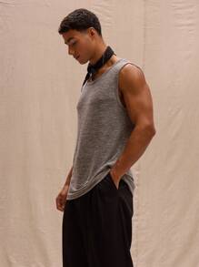 Musero 长款宽松混色背心，春夏街头风假日海滩度假沙滩 - 灰色 - 查看 2