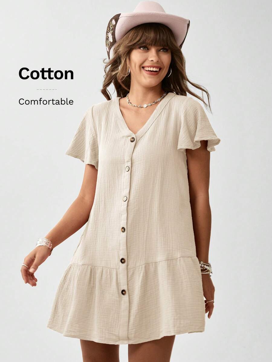 SHEIN LUNE Butterfly Sleeve Ruffle Hem Smock Dress Without Belt - Khaki - View 1