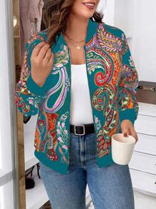 SHEIN Plus Size Long Sleeve Zip-Up Jacket, Fashionable For Spring/Autumn Women S Clothes Woman S Summer Clothes Women Spring Outfits - Teal Blue - View 1