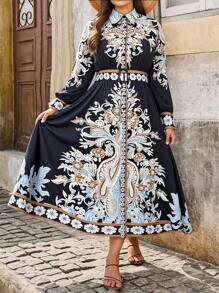 SHEIN Unity Vestido medieval de talla grande para mujer con cintura ajustada, mangas largas y estampado de posicionamiento vintage - Negro - Ver 4