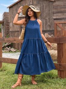 SHEIN LUNE Plus Size Sleeveless Denim Dress With Ruffle Hem - Blue - View 4