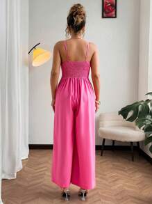 Flirla Bộ đồ liền thân ống rộng màu trơn cỡ lớn, mùa hè - Hồng - Xem 2