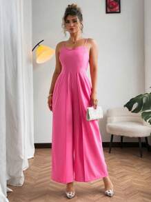 Flirla Bộ đồ liền thân ống rộng màu trơn cỡ lớn, mùa hè - Hồng - Xem 4