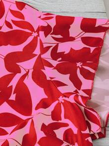 SHEIN LUNE Plus Size Women Solid Color Leaf Print Round Neck Loose Ruffled Short Sleeve Casual Holiday Top - Hot Pink - View 4