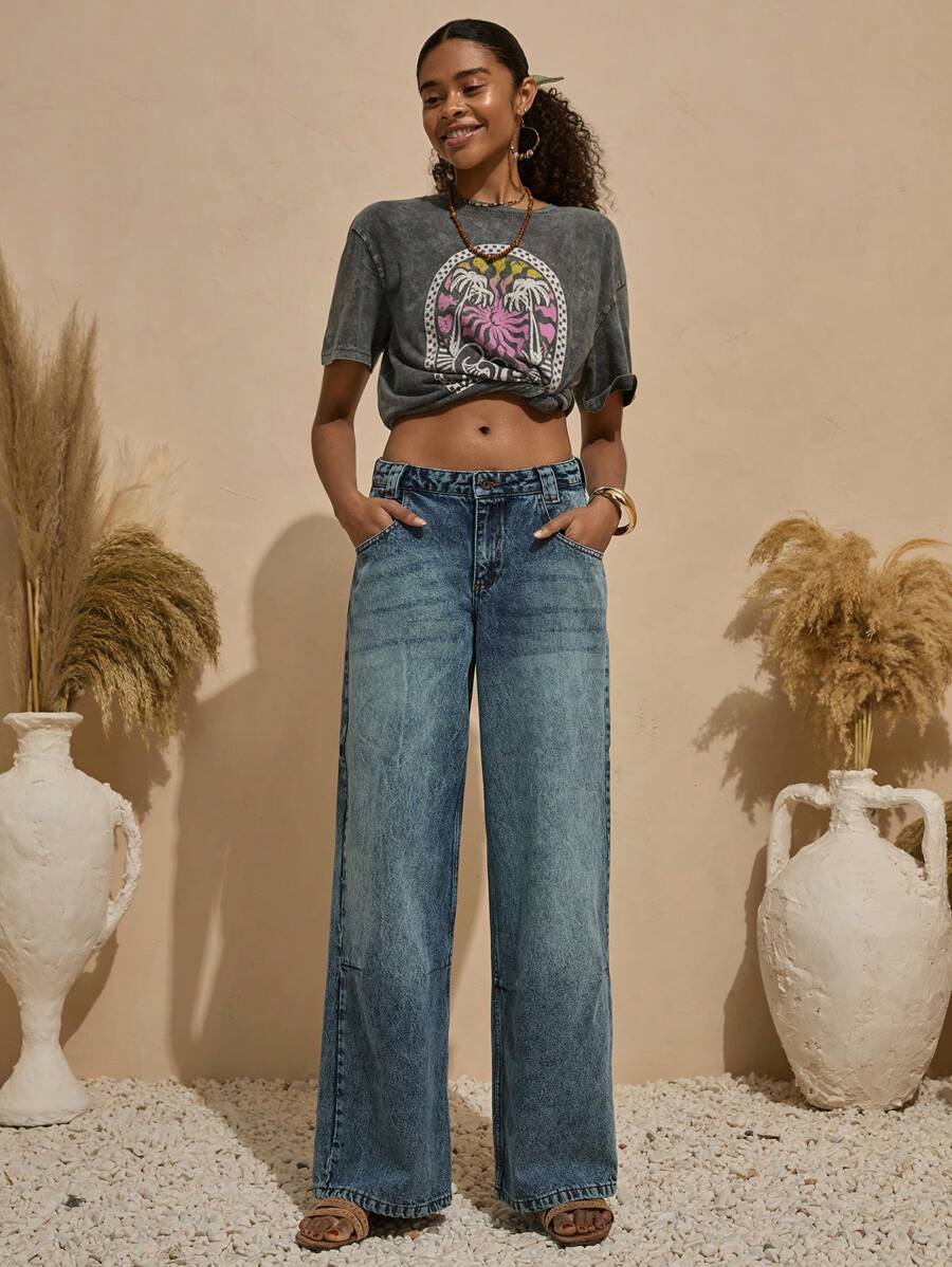Bóhologie Boho Bohemela Womens Clothing Women Summer Clothes LOW WAIST YSK BAGGY WIDE LEG DARTED JEAN Women S Summer Clothes Women S Casual Tops Casual Boho Style Germany Seaside Holiday, Suitable For Everyday, Out Of The Street, Holiday And Other Occasions To Wear - Dark Wash - View 1