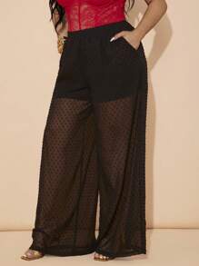 SHEIN BAE Plus Size Women Wide Leg Loose Long Pants With 3D Polka Dot Design, Elegant Summer Fashion, Pants, Summer For Women - Black - View 3