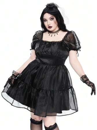 Goth Robe vintage romantique à superposition en organza, coupe évasée, grande taille pour Halloween