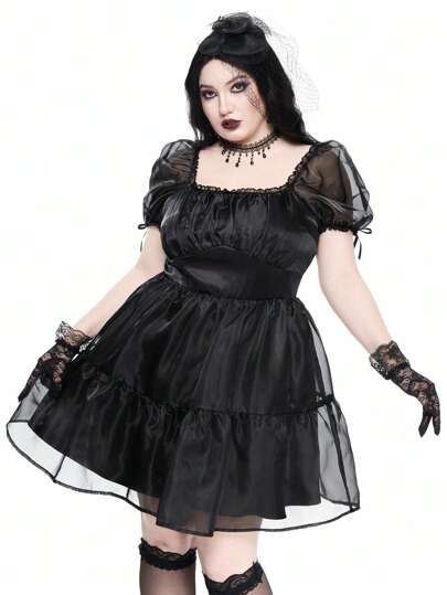 Goth Vestido de línea A con capas de organza, estilo vintage romántico, talla grande para Halloween