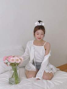 DAZY 女士圆领蕾丝网眼拼接长袖亚麻上衣 - 白色 - 查看 8