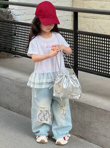DAZY Young Girl Round Neck Letter Print Lace Panel Short Sleeve T-Shirt,Girls Summer Outfits