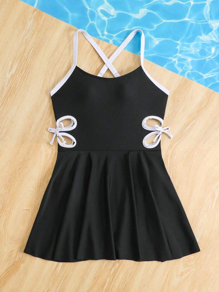 Tween Girl Black And White Hollow Waist One-Piece Swimsuit,Adjustable Strap Swim  Dress, Beach Dresses For Girls, Girls Swimsuit Dress | SHEIN USA