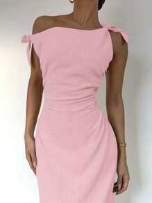 Siren Gaze Đầm thanh lịch cổ bẻ thắt nút màu trơn cho nữ - Hồng - Xem 5