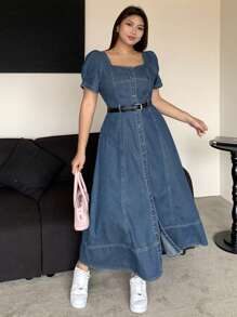 DAZY Dark Washed Blue Square Collar Puff Sleeve Fitted Maxi Denim Dress, Spring/Summer Sundress
