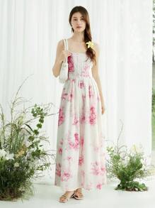 SHEIN LUNE 女士休闲花卉印花褶皱无袖连衣裙，适合通勤 - 粉色 - 查看 5