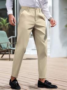 Manfinity Bizformal Men's Solid Color Suit Pants,Fashionable Khaki Summer Casual Business Office Clothes,Men's Dress Pants,Slim Fit Formal Suits Pants For Men - Apricot - View 5