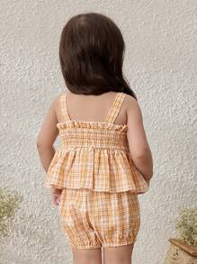 Blossori Set di top con bretelle e pantaloncini per bambina, a quadri gialli - Giallo - Visualizzare 2