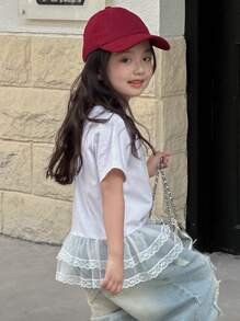 DAZY Young Girl Round Neck Letter Print Lace Panel Short Sleeve T-Shirt,Girls Summer Outfits