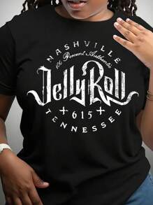 Maweii Plus Size Letter Print Round Neck Short Sleeve T-Shirt, Suitable For Summer - Black - View 1