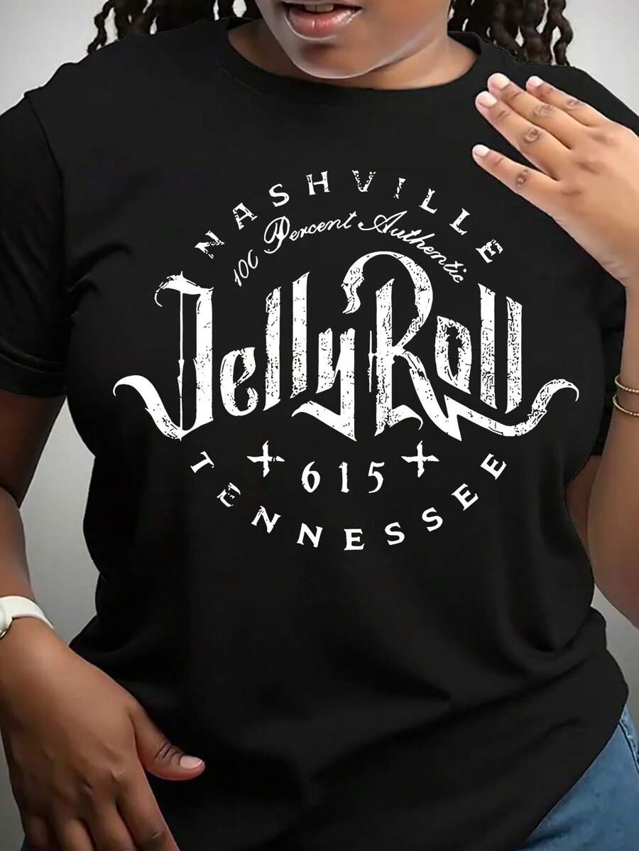 Maweii Plus Size Letter Print Round Neck Short Sleeve T-Shirt, Suitable For Summer - Black - View 1