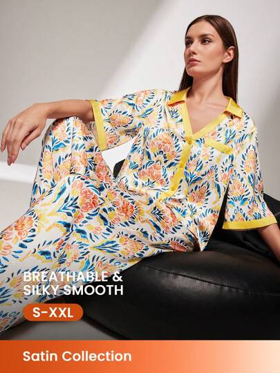 LUVLETTE Conjunto de pijama holgado de camisa de manga corta abotonada y pantalones con estampado retro de satén sedoso, con bolsillos para mujer, conjunto de lencería loungewear