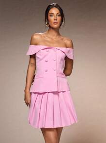 SHEIN Glamour Conjunto de 2 piezas para mujer: blusa hombros descubiertos con botones doble botonadura y falda plisada, elegante conjunto para oficina - Rosa - Ver 6