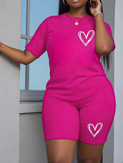 Maweii 2pcs/Set Women Heart Print Round Neck Short Sleeve Top And Shorts
