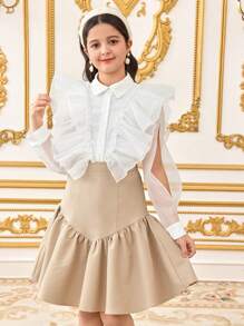 Conjunto de 2 piezas para niña preadolescente: Blusa elegante de manga larga con volantes y falda mini