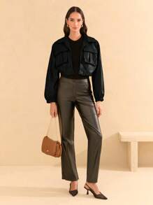 SHE(IN) BRASIL 翻盖口袋落肩 PU 皮革大衣 - 黑色 - 查看 5