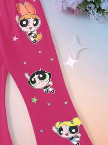 THE POWERPUFF GIRLS X SHEIN 少女卡通花朵、泡泡、毛茛印花弹力舒适喇叭裤 - 粉色 - 查看 4