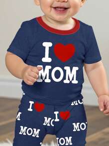 Baby Boy Casual Slim Fit Round Neck Soft Short Sleeve Top And Pants Homewear Set, Snug Fit, Spring/Summer