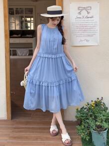 SHEIN Teen Girls Blue Elegant Minimalist Round Neck Sleeveless Loose Stylish Woven Casual Dress, Summer, Ruffles, A Pendulum