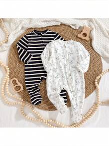 Loomiva Newborn Baby Girl 2pcs Set Floral Print Soft Knit Crew Neck Long Sleeve Jumpsuit - White - View 1