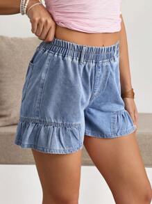 Breezaya Women's Elastic Waist Pleated Casual Loose Versatile Denim Shorts - Blue - View 4