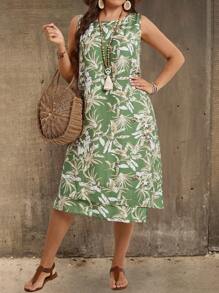 EMERY ROSE Plus Size Women Summer Vacation Round Neck Sleeveless Vintage Geometric Print Asymmetrical Hem Dress,Gifts For Mother,Summer Holiday,Vacation Outfits Women,Simple And Fashionable For Everyday Wear,Vacay Vibes,Springbreak,Casual Wear SS - Multicolor - View 5