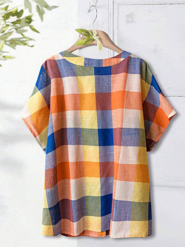 Notched V-Neck Country Casual Multi-Color Plaid Stitching Plus Size Button-Down Loose Fit Tunic Blouse Suitable For Summer Boho Women Clothing Loose  Loose Fit