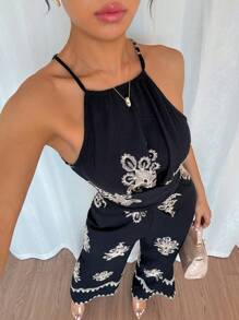 SHEIN Unity Women's Elegant Casual Halter Jumpsuit, Flared Leg Embroidered Vacation Jumpsuit - Black - View 8