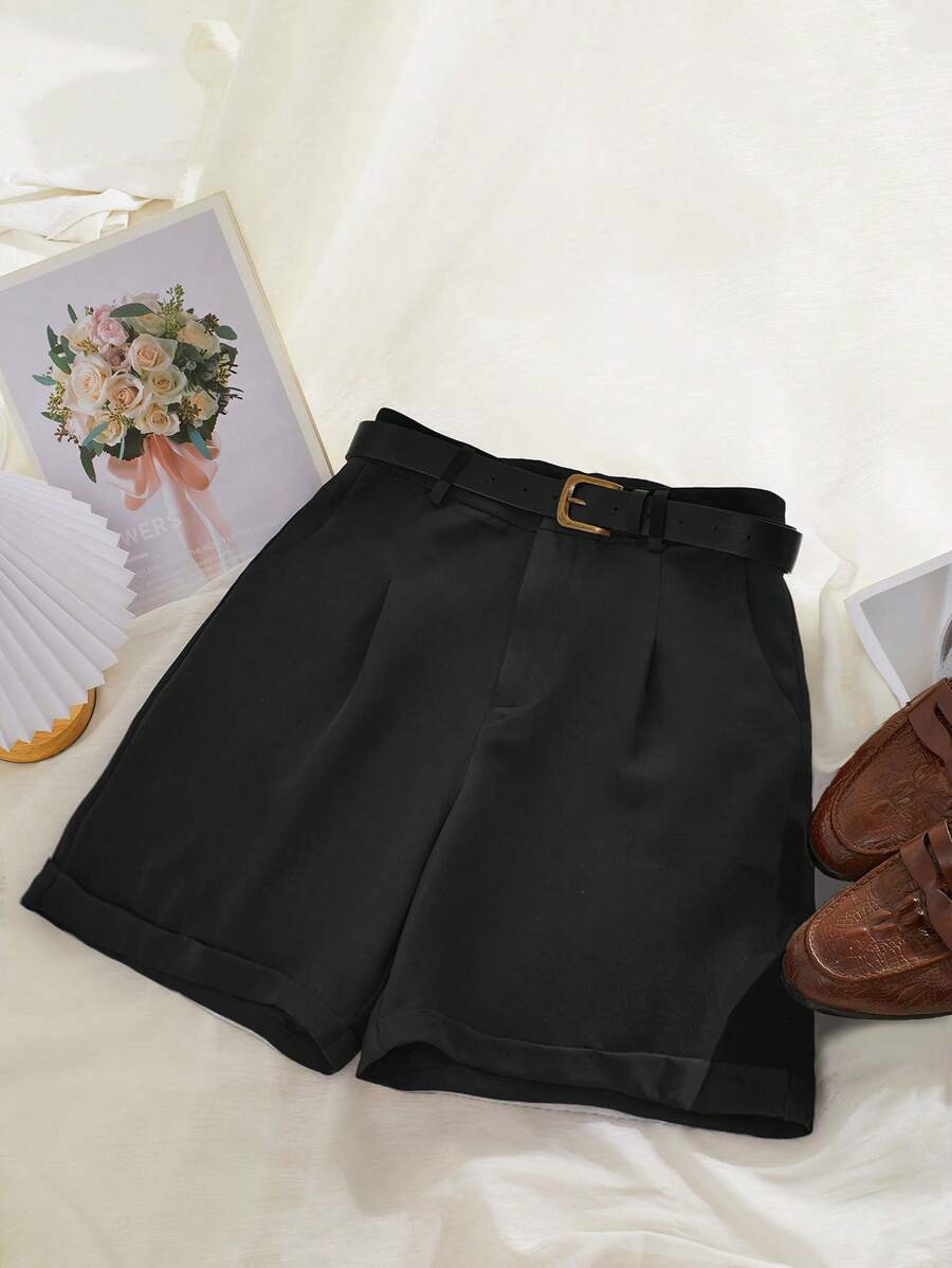 INAWLY Women Casual Solid Color Cuffed Shorts For Commuting, Summer - Black - View 1