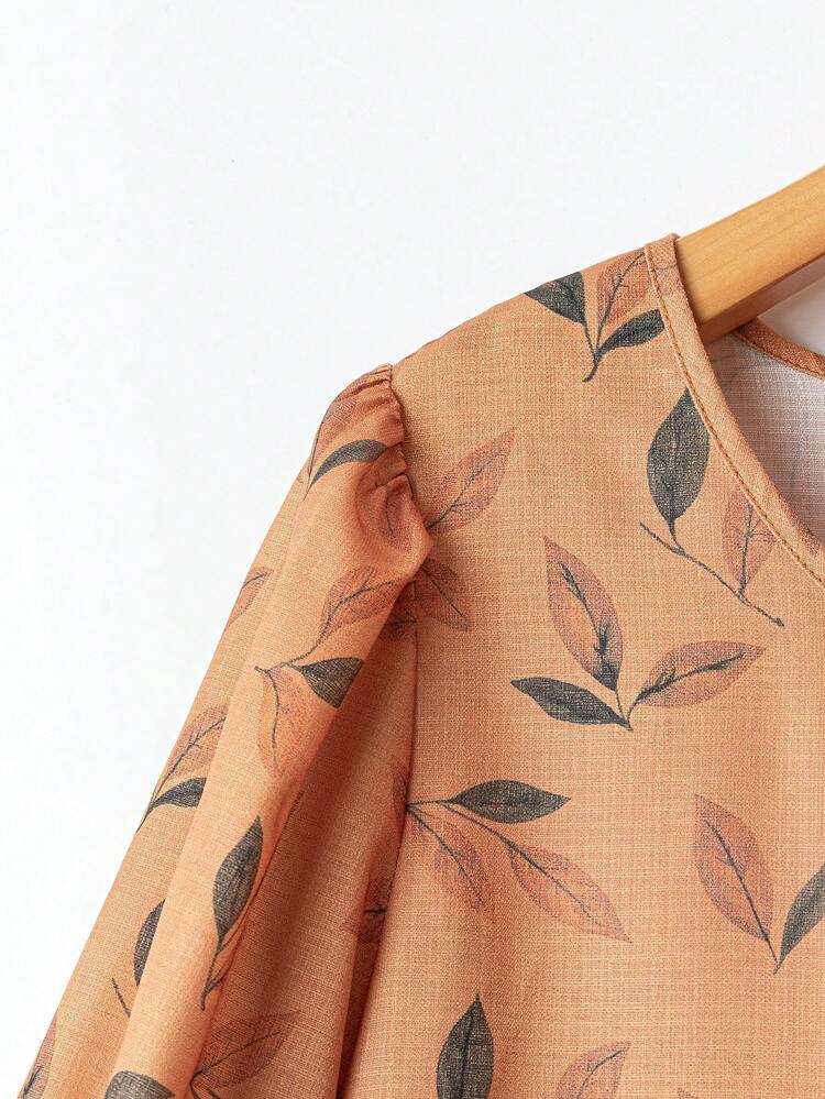 Women's Retro Leaf Print Lantern Sleeve Blouse, Vintage Bamboo Floral Gathered Waist Bohemian Summer Shirt