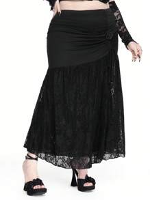 ROMWE Goth Plus Size Women's Lace Splice Ruched Tied Bow See-Through Sexy Skirt, Party/Ball Gown - Black - View 1