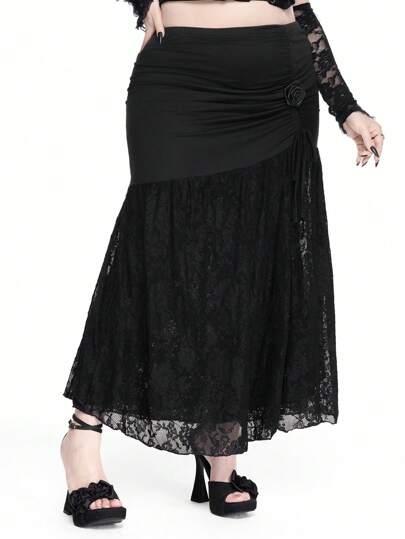 Goth Plus Size Women's Lace Splice Ruched Tied Bow See-Through Sexy Skirt, Party/Ball Gown
