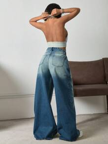 高腰阔腿 Y2K 风格宽松牛仔裤 - 中等水洗藍 - 查看 2
