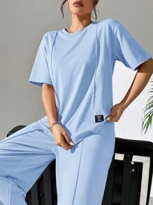 Mulvari Women's Casual Two-Piece Outfit: Knitted Fabric, Short Sleeve Round Neck Top And Long Patched Pants In Sky Blue - Blue - View 4