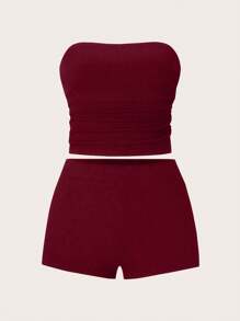 SHEIN LUNE 大码女式两件套纯色褶饰吊带背心和紧身短裤休闲装，3 种颜色 - 彩色 - 查看 4