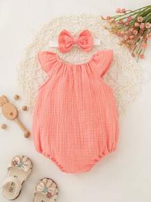 SHEIN Vintaside Kids 新生儿简约纯色荷叶边连体衣，夏季女宝宝夏季服装 - 西瓜粉 - 查看 2