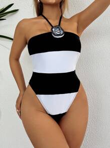 SHEIN Swim Eleganter einfarbiger, kontrastierender, floraler Spaghettiträger-Badeanzug für Damen, Sommer - Schwarz und Weiss - Übersicht 5