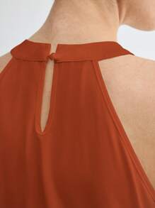 BizChic 女士纯色锁眼领优雅露背上衣，浪漫优雅，百搭，适合日常、商务休闲、办公室穿着、教师装、婚礼宾客装，秋季 - 棕色 - 查看 7