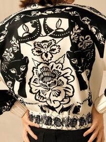 女款波西米亚度假风黑白豹纹牡丹花卉复古印花高领长袖拉链薄款夹克，适合秋冬季 - 彩色 - 查看 3