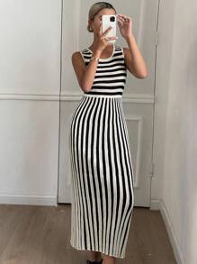 DAZY Striped Round Neck Sleeveless Women's Mid-Length Dress,Casual Women Dresses - Apricot - View 1